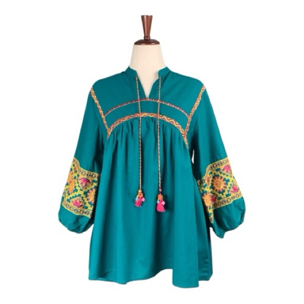 NWT Teal Green  Multi Color Embroidered Ethnic Top Tunic Tassel Detail Cotton Lg